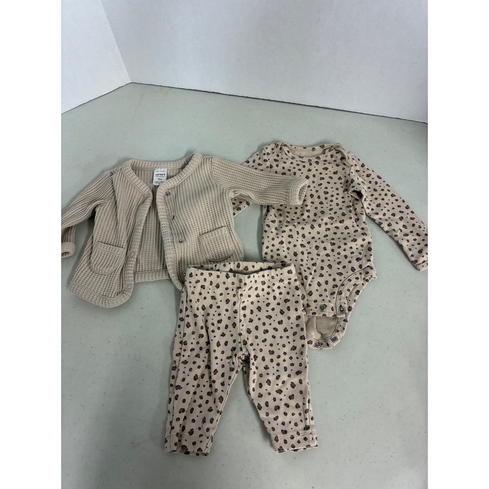 Carters Just One You 3M Baby Girl 3PC Set Leopard Bodysuit Pants Waffle Cardigan
